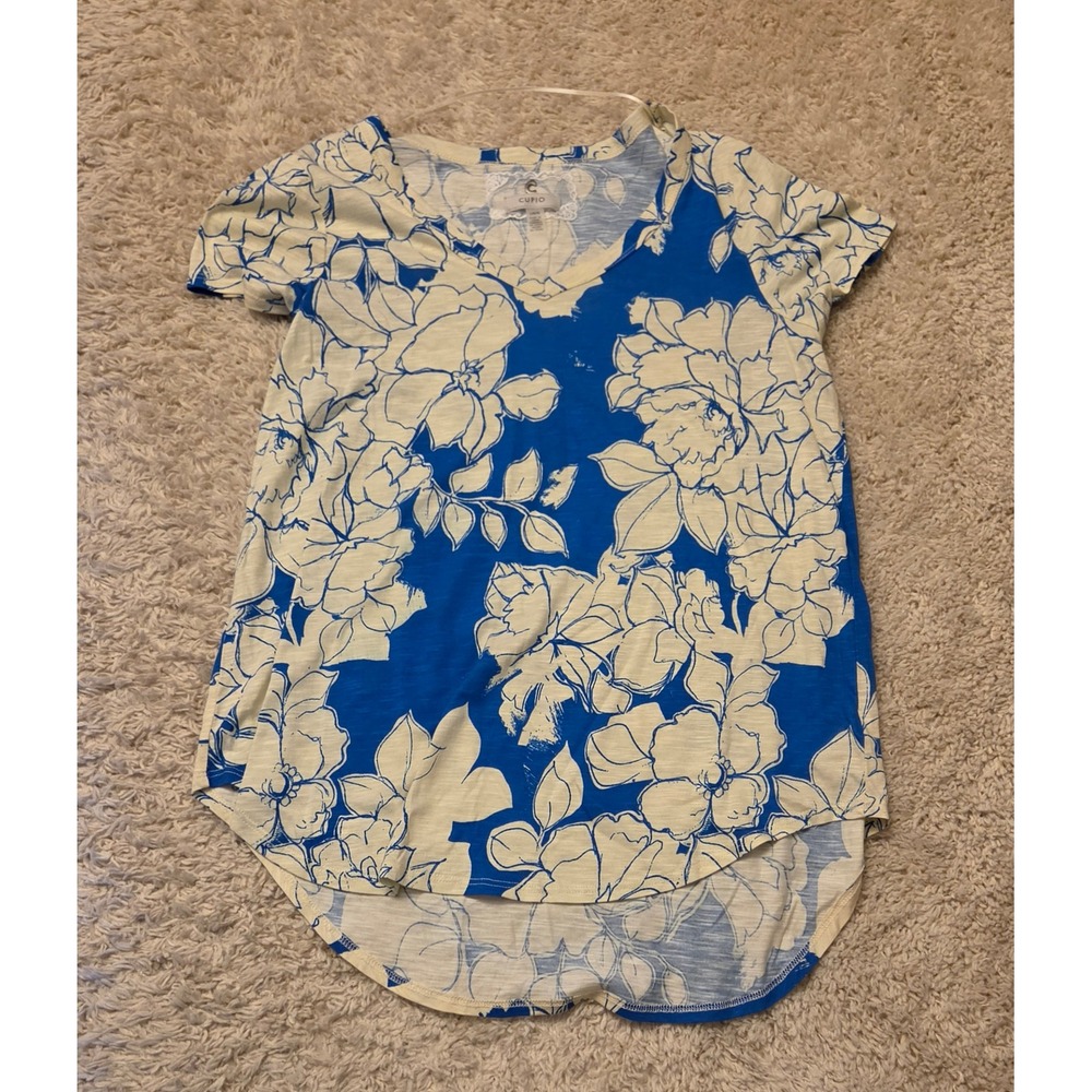Cupio Short‎ Sleeve V-Neck Printed Slub T-Shirt Women's Size Large Blue White